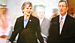 Undersecretary of State Karen Hughes and US Ambassador to Saudi Arabia James Oberwetter during official visits in Riyadh.  (Televised image)